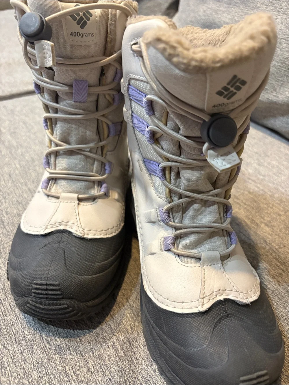 Columbia Kids Snow Boots in Light Gray, Black & Lavender
